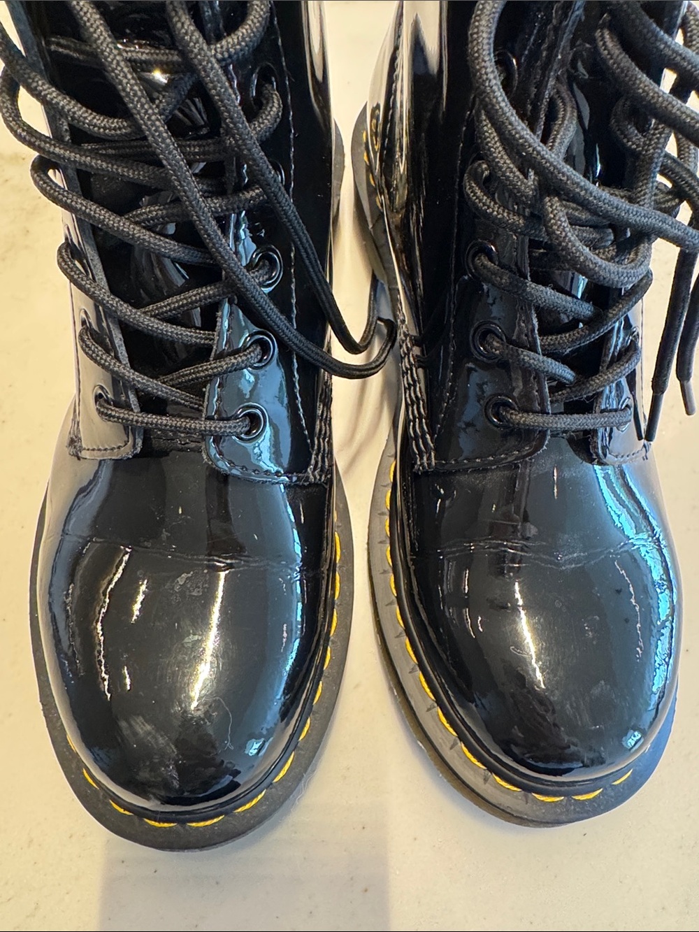 Dr. Martens Black Patent 8-Eye Lace-Up Boots with Yellow Stitching - Picture 8 of 11